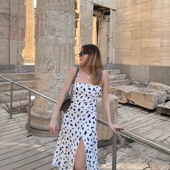 REFORMATION Blue White Ink Blot Slit Midi Dress